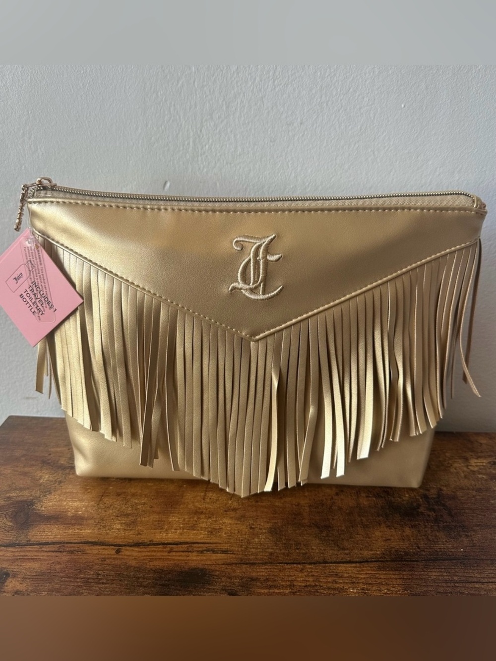 Juicy Couture Metallic Gold Fringe Cosmetic Bag with Embroidered Logo NWT
